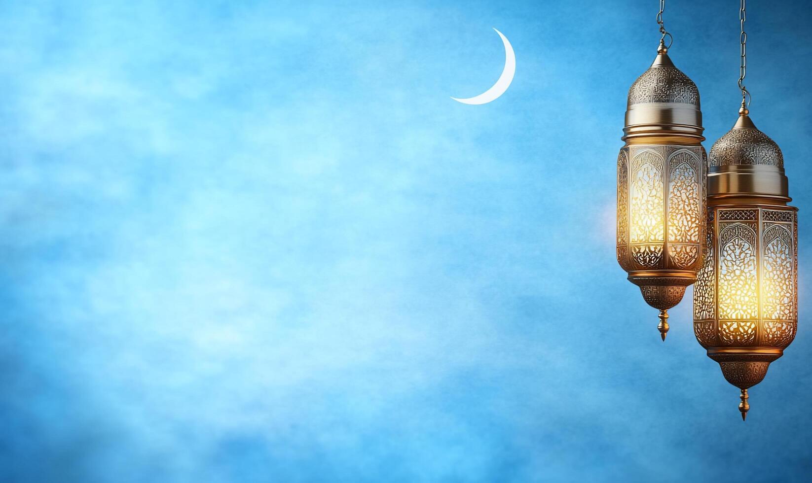 Three lamps hanging from a blue background photo