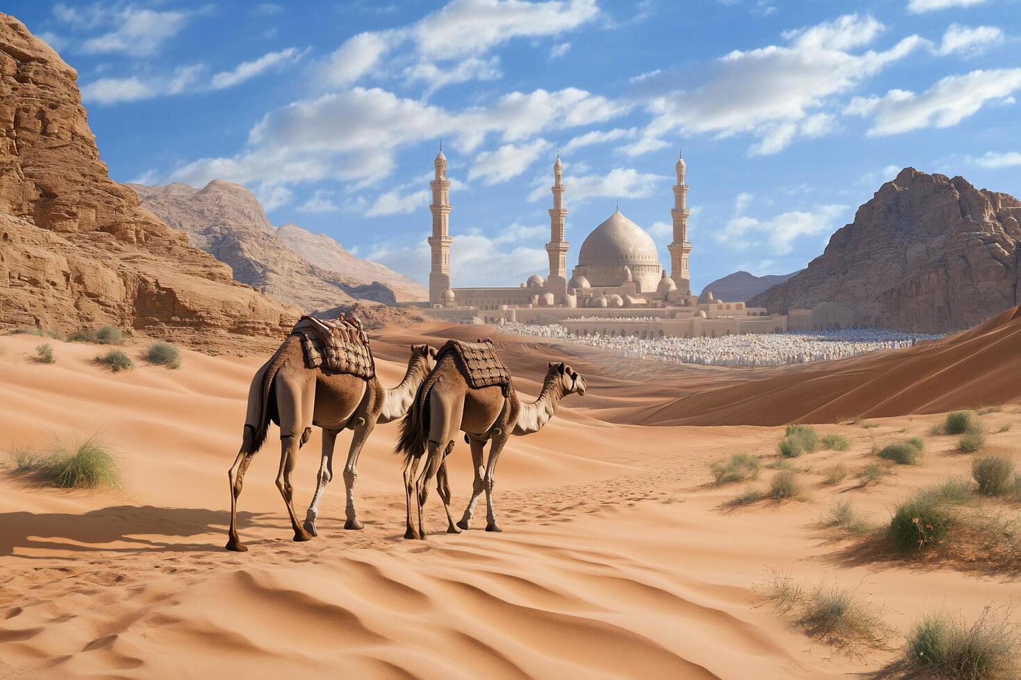 Two camels in the desert with a mosque in the background photo