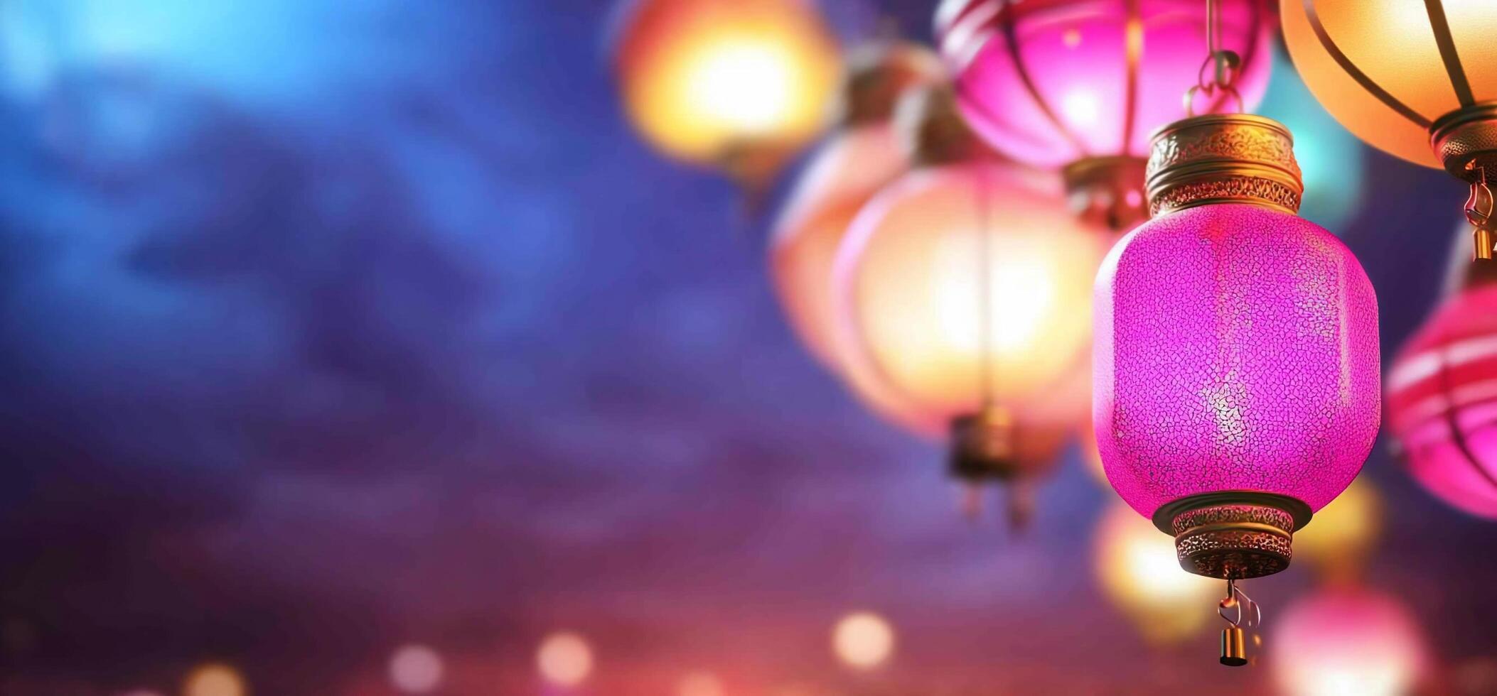 Many colorful lanterns hanging from a string photo