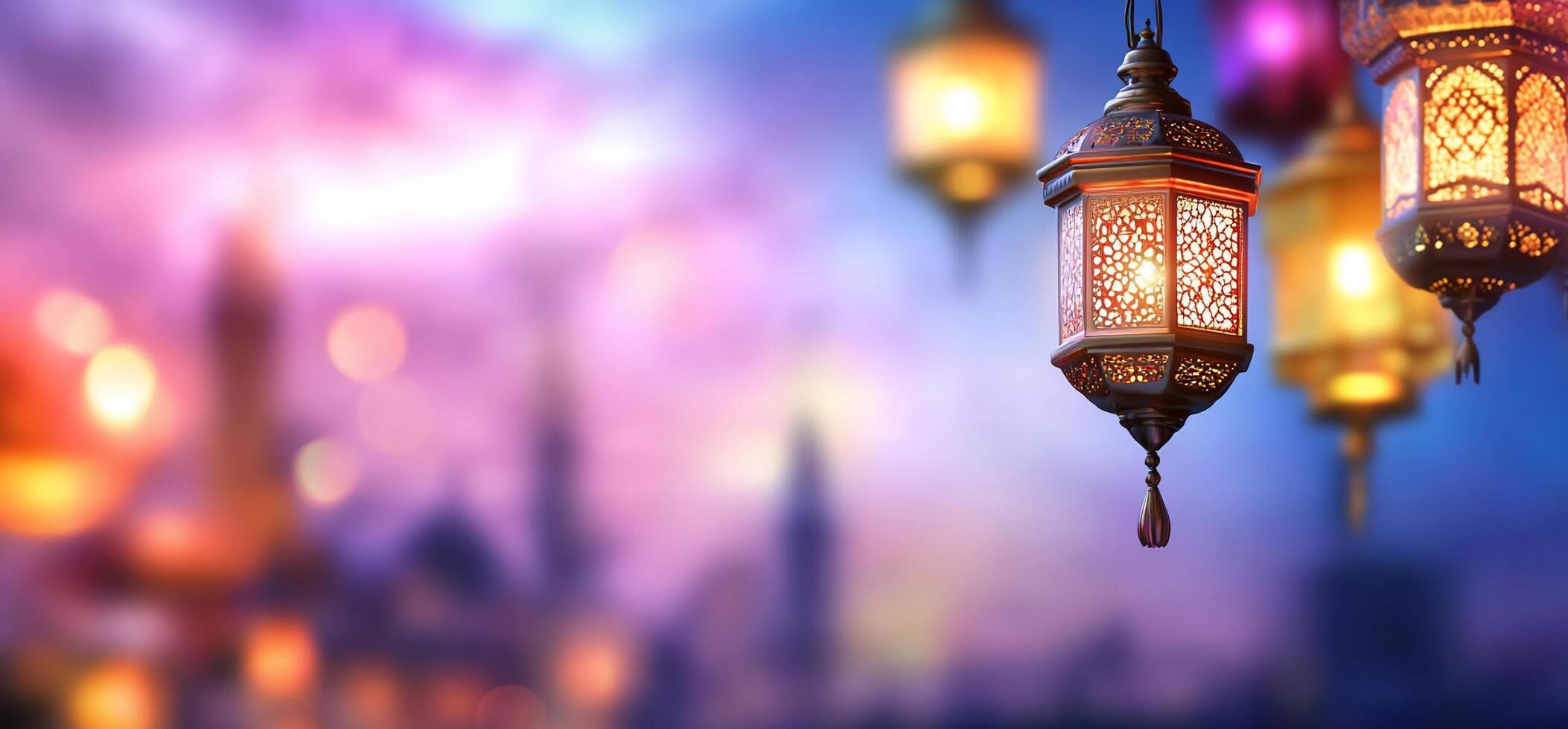 Colorful lamps hanging from a lamp post in front of a mosque photo