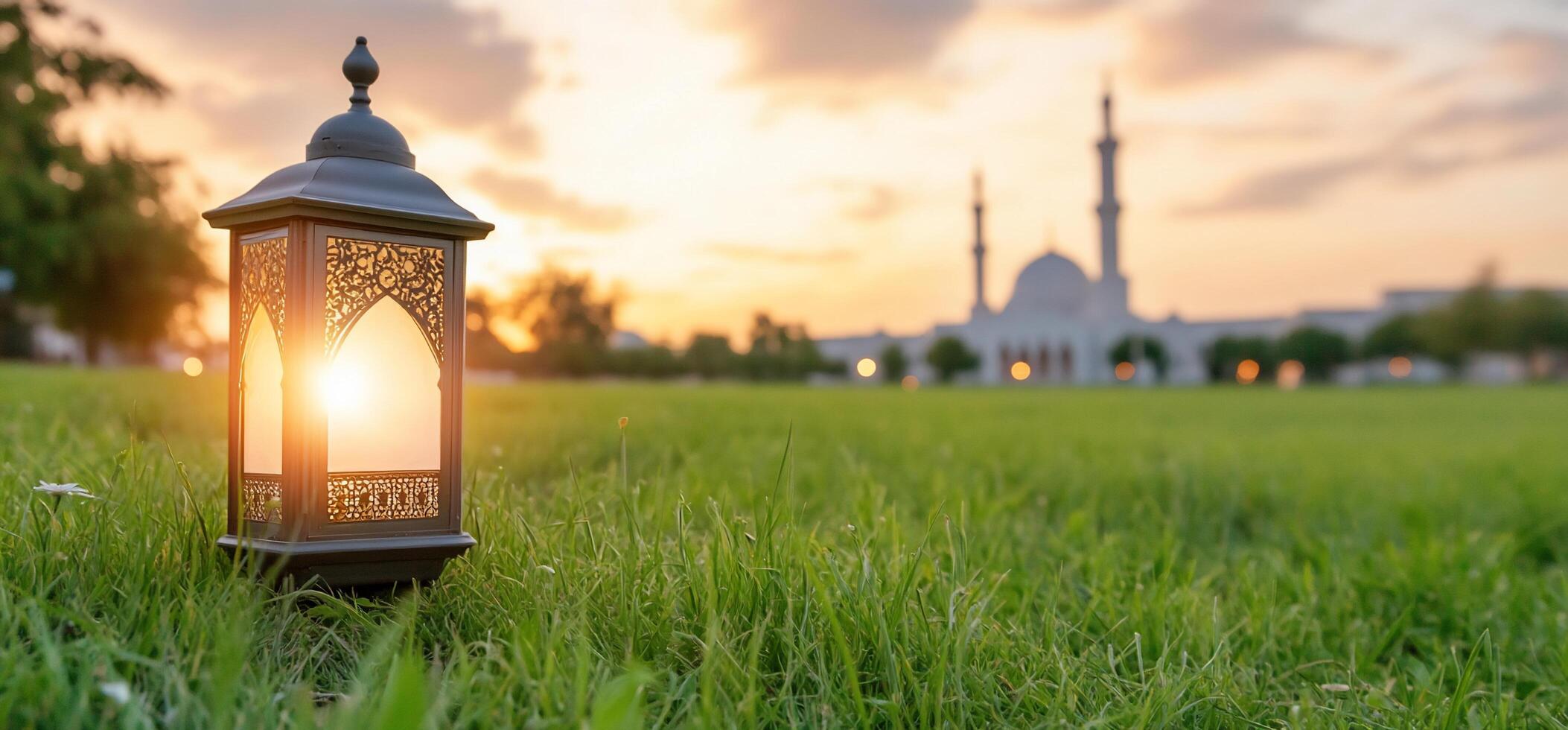 Islamic lantern on the grass at sunset photo