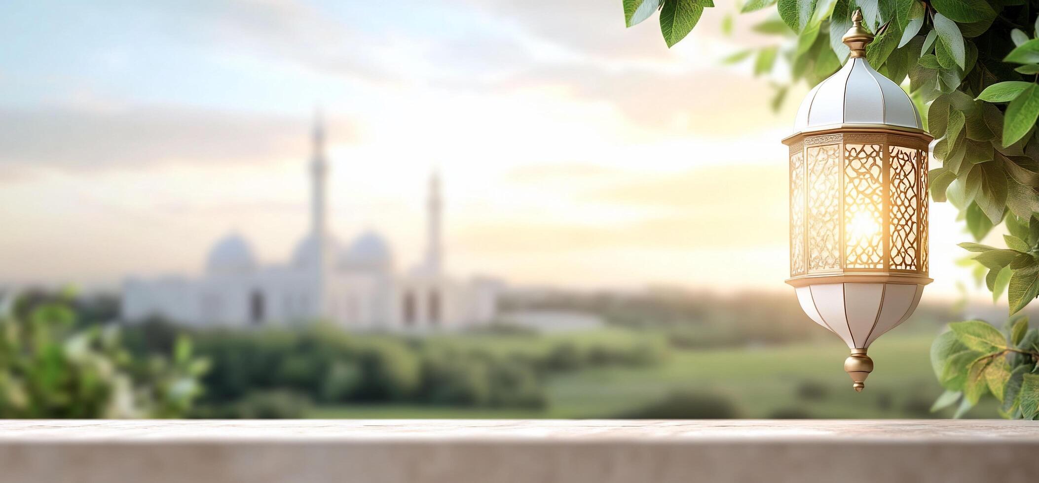 Ramadan lantern on the table with mosque in the background photo