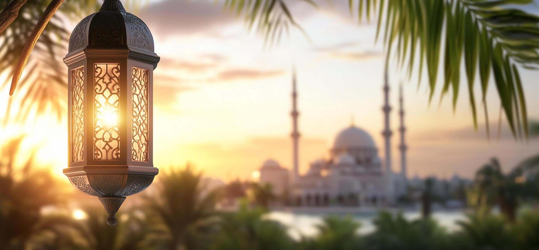 Islamic lantern on the beach with sunset background photo
