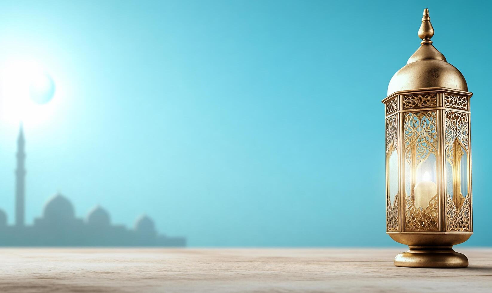 Ramadan lantern on table with mosque in background photo