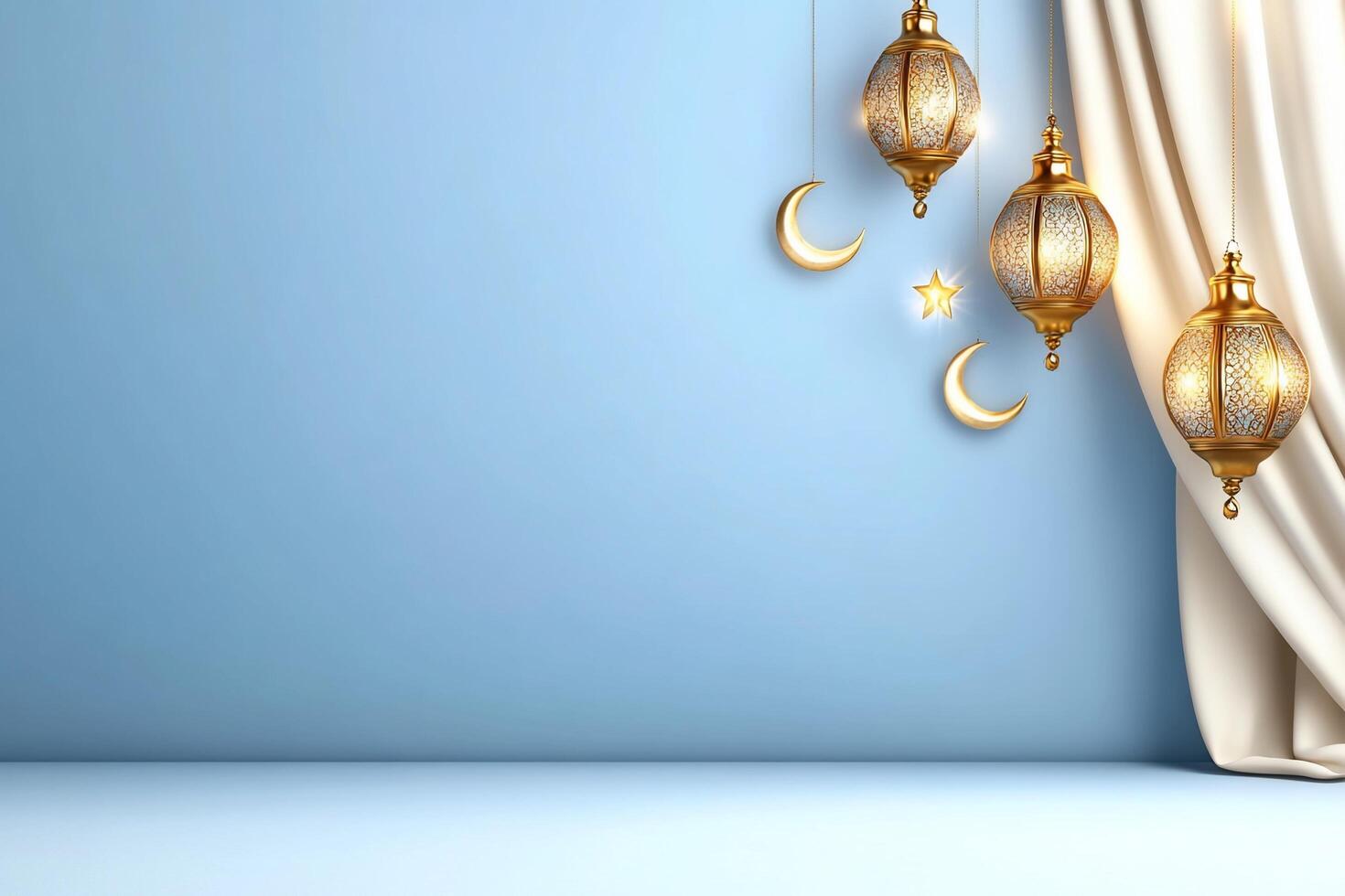 Islamic lamp with moon and stars on blue background photo