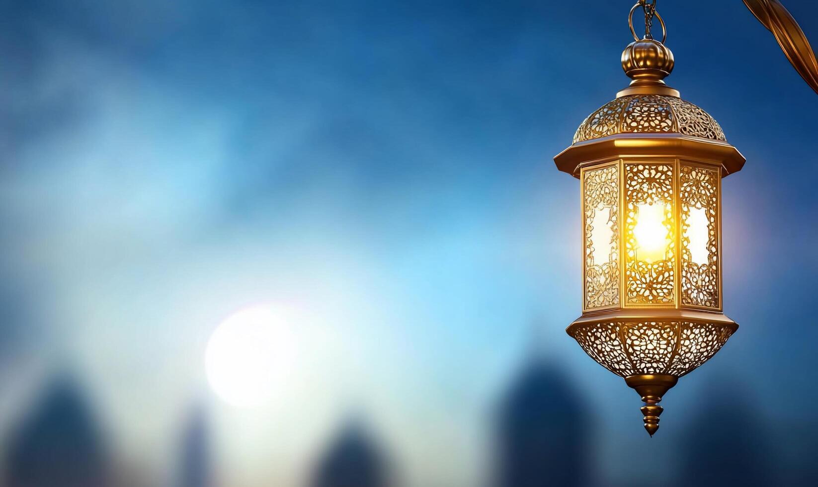 Islamic lamp with arabic design on blue background photo