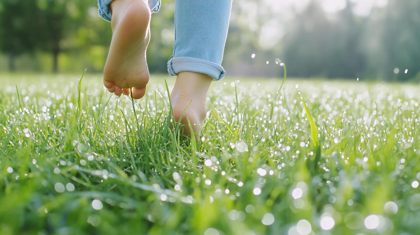 A person walking on grass with their bare feet photo