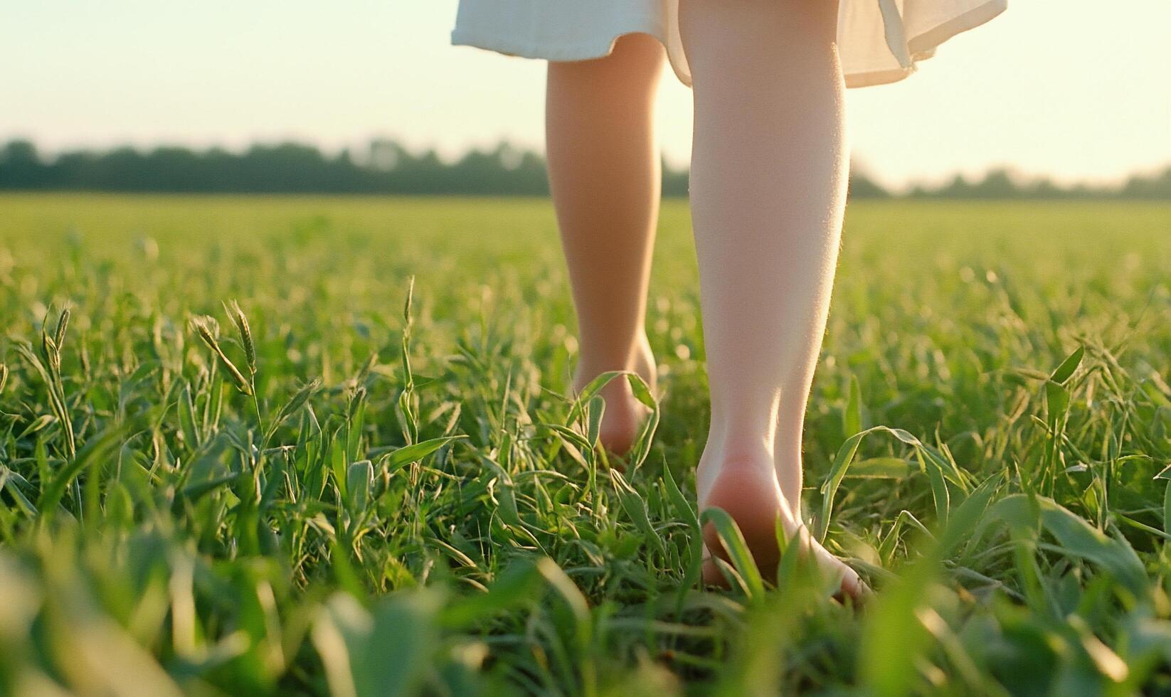 A woman walking in a field with her bare feet photo
