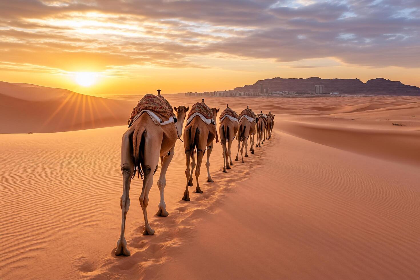 A group of camels walking in the desert at sunset photo