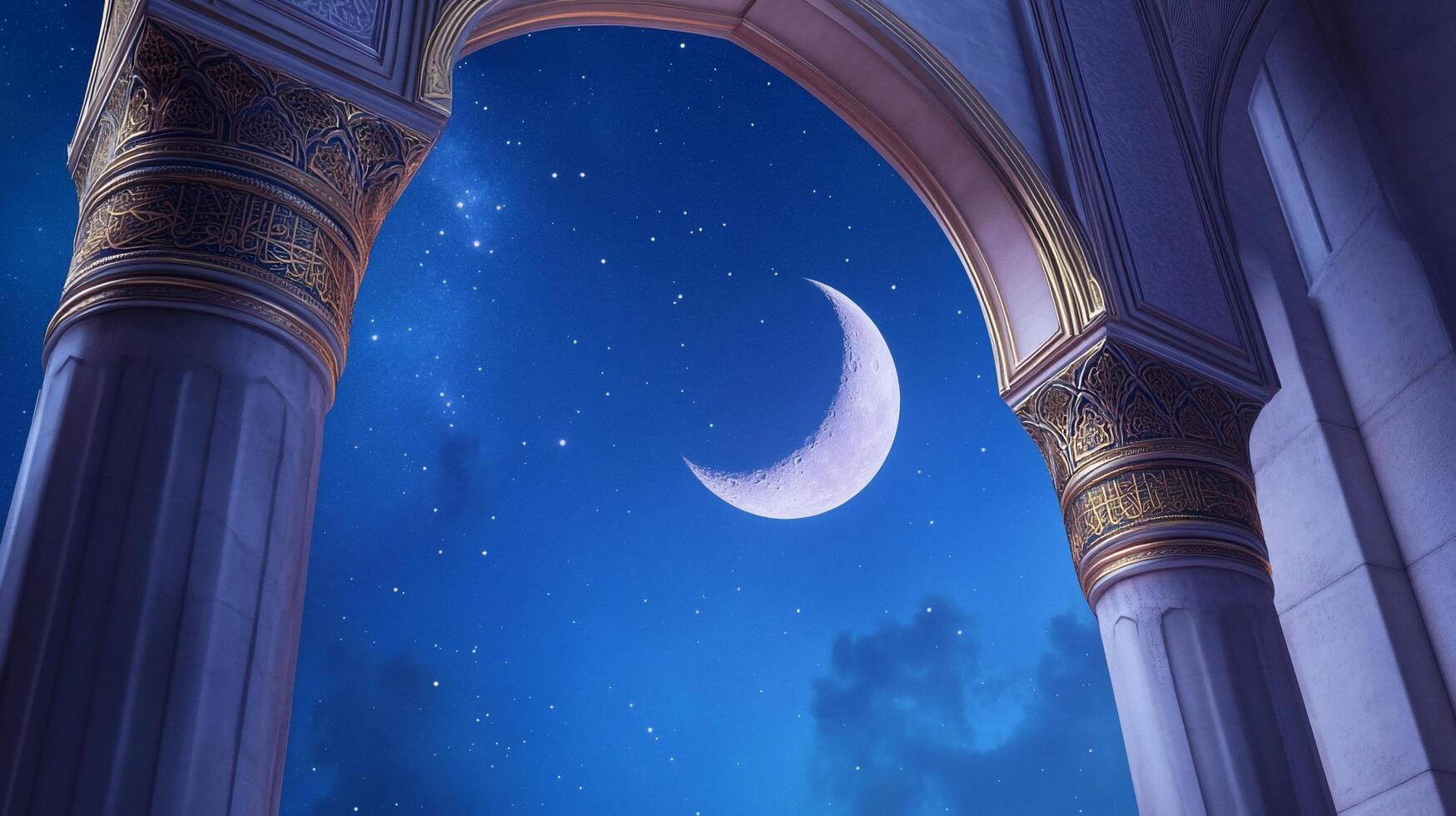 The moon is seen through an archway in a building photo