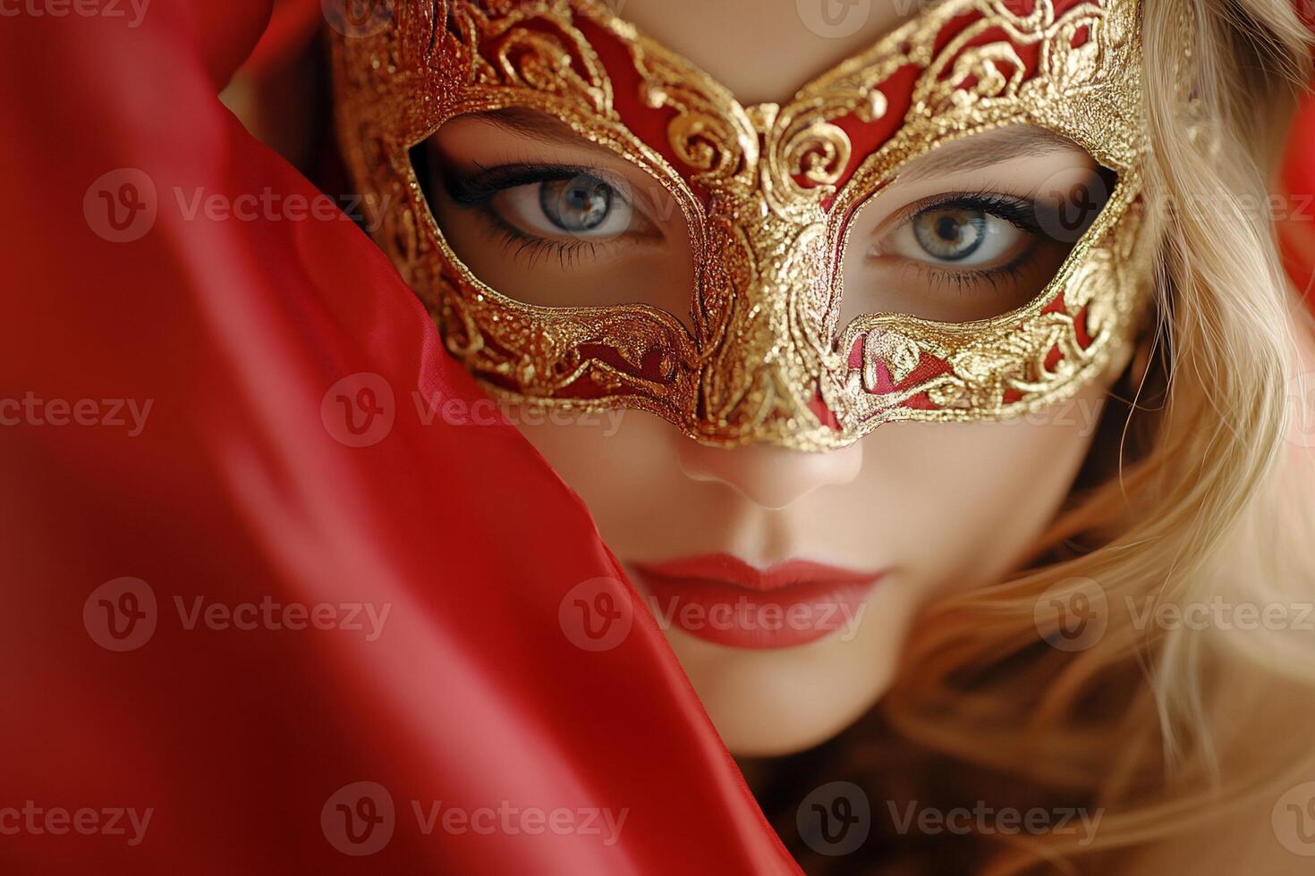 A woman with a red mask on her face photo