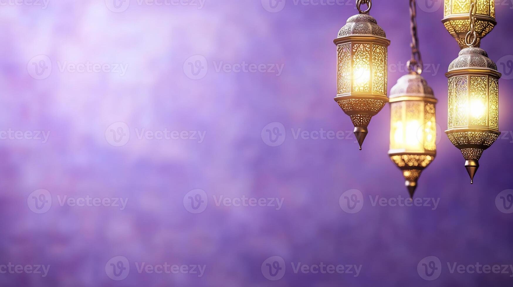 Three lamps hanging from a purple background photo