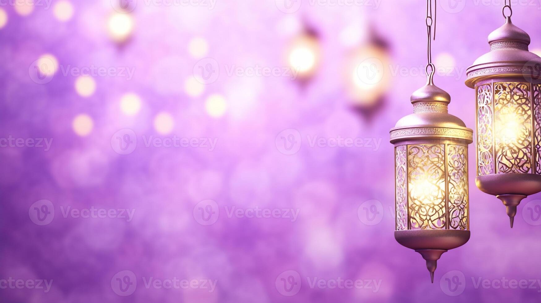Islamic lanterns hanging from a purple background photo