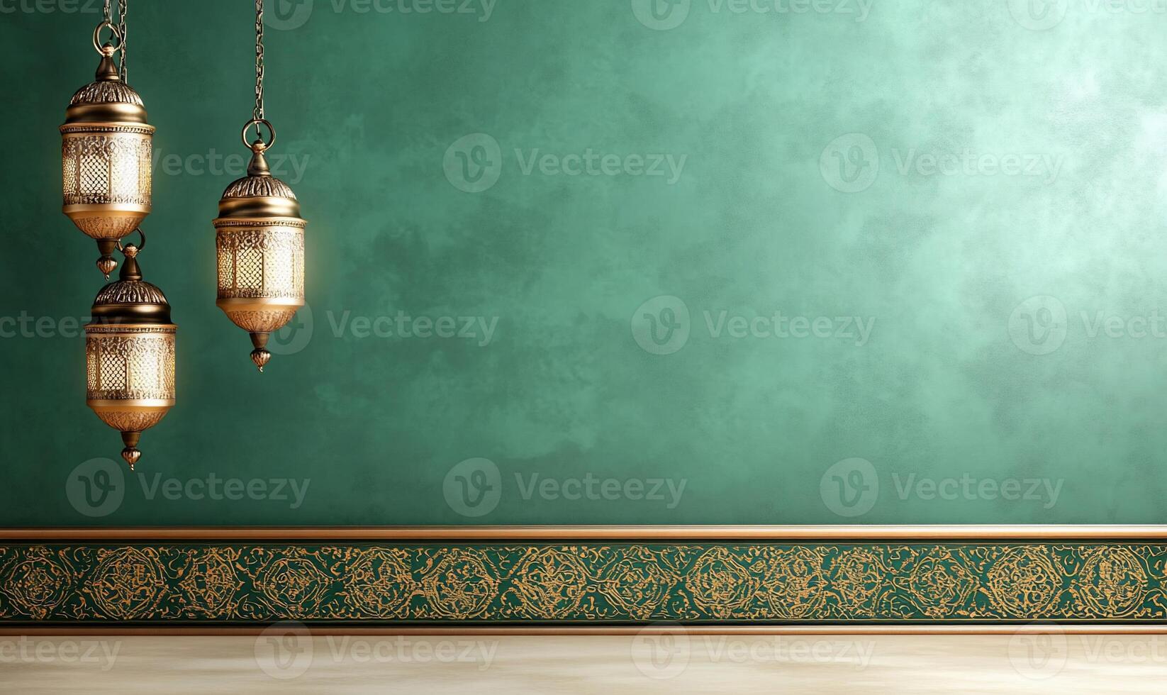 An old oriental room with green walls and gold lanterns photo