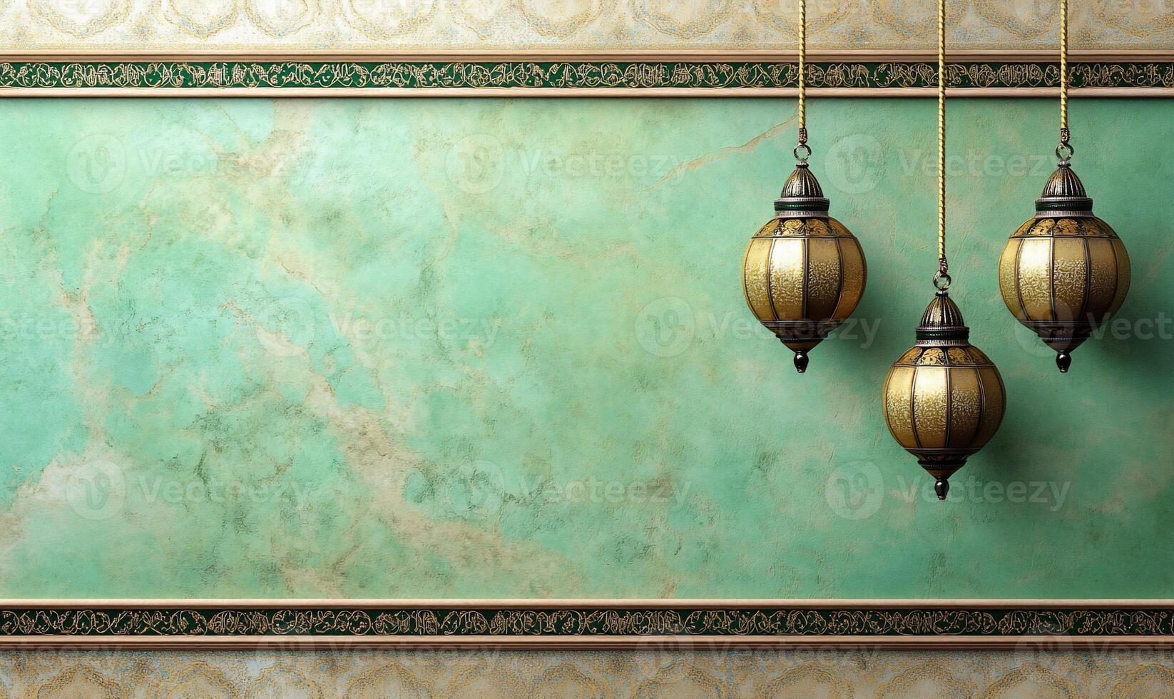 Three ornate lamps hanging from a green wall photo