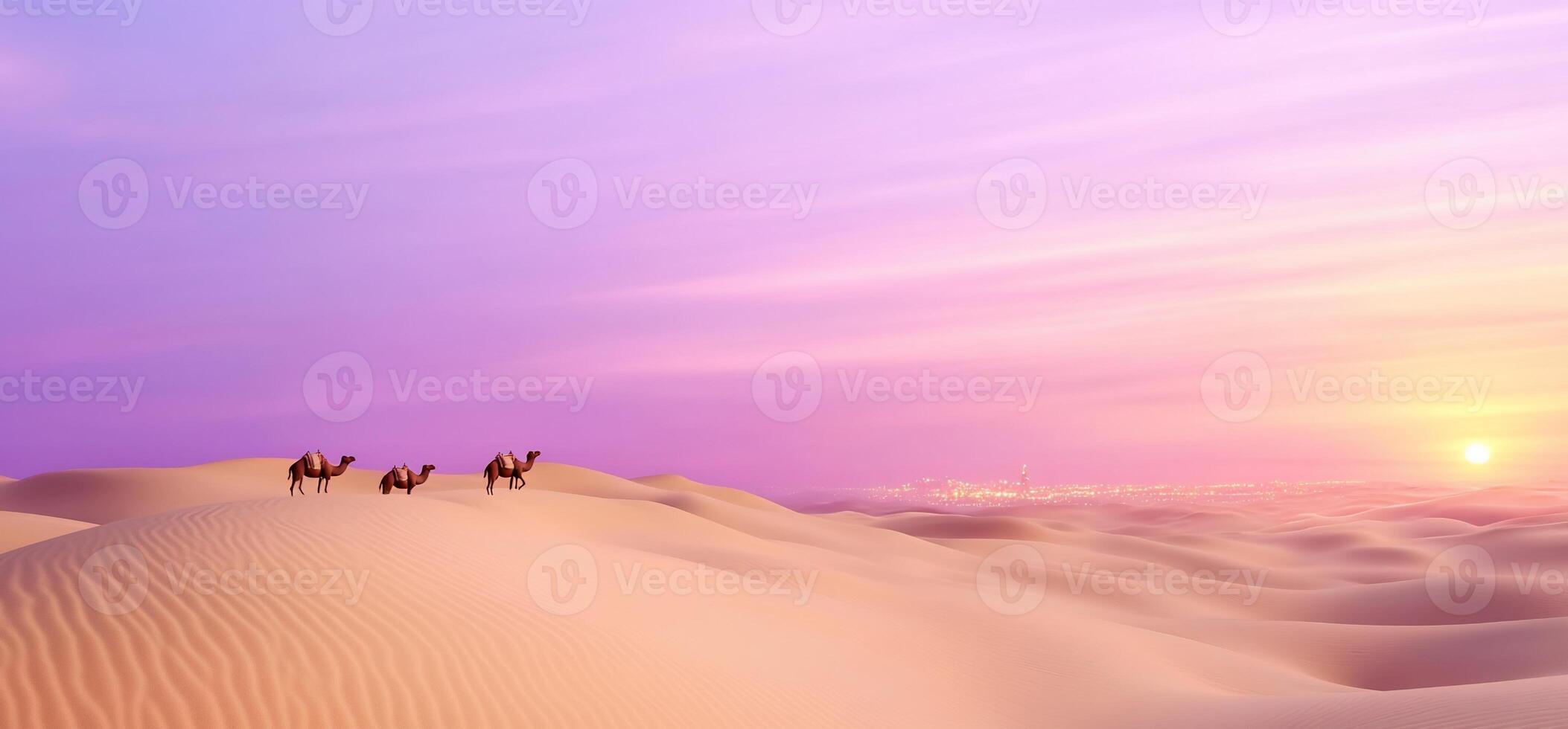 Desert landscape with camels in the sahara desert at sunset photo