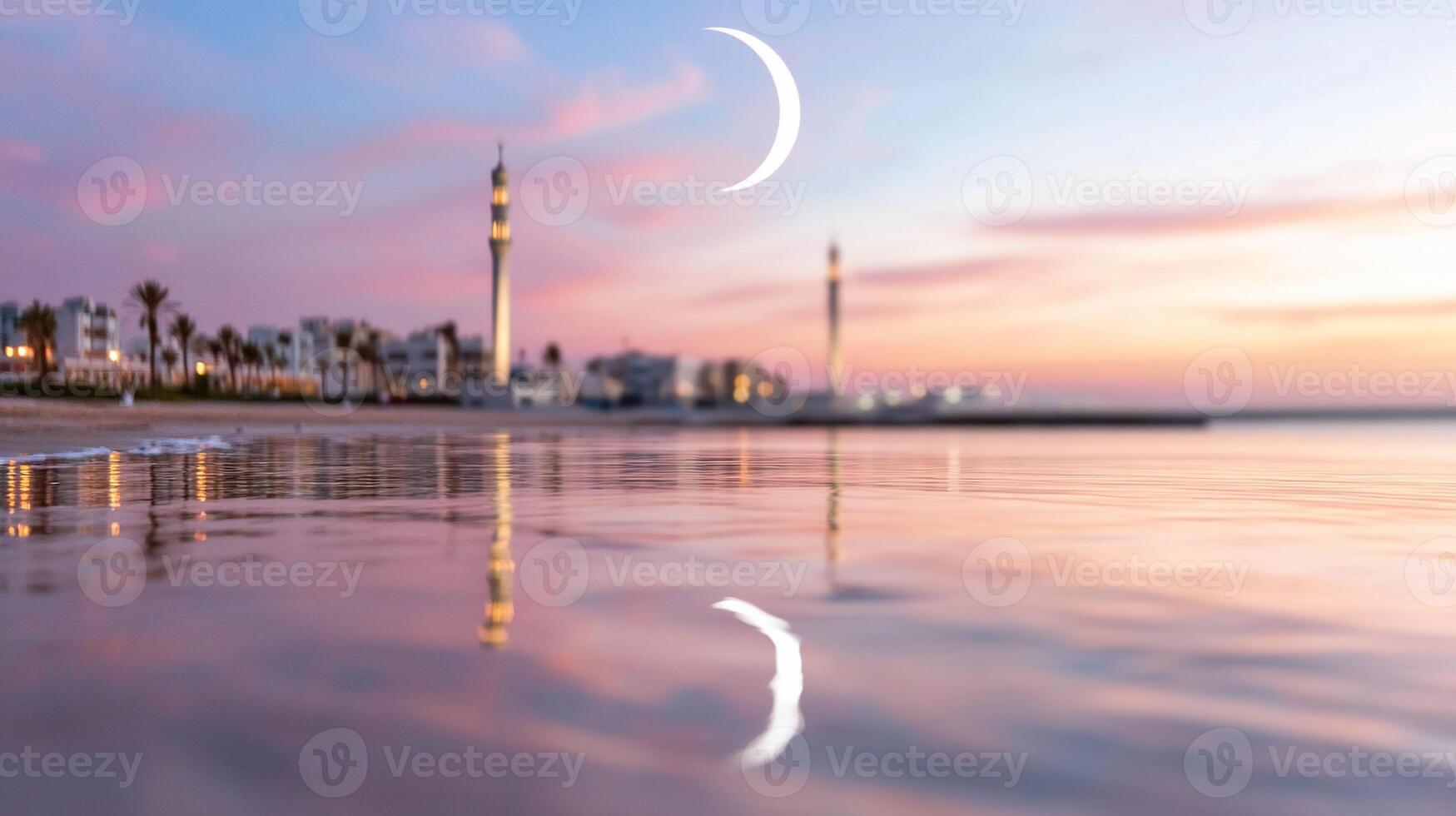 A crescent moon is reflected in the water at sunset photo