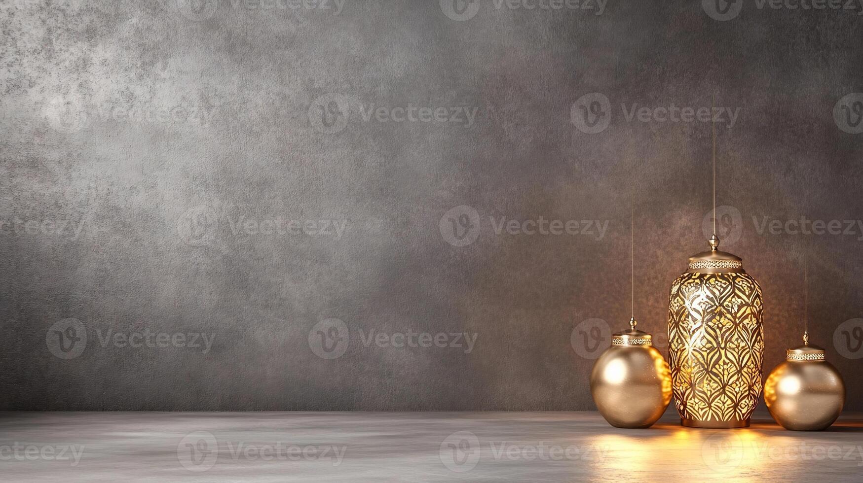 Three golden lamps on a table against a wall photo