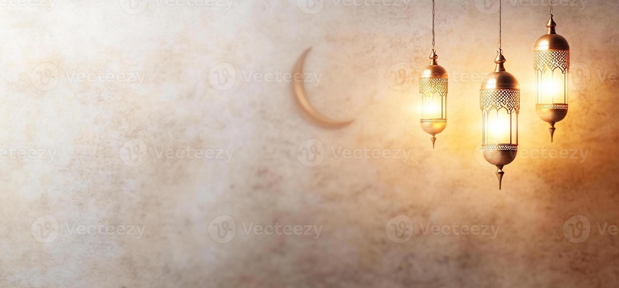 Three lamps hanging from the ceiling with a crescent moon photo