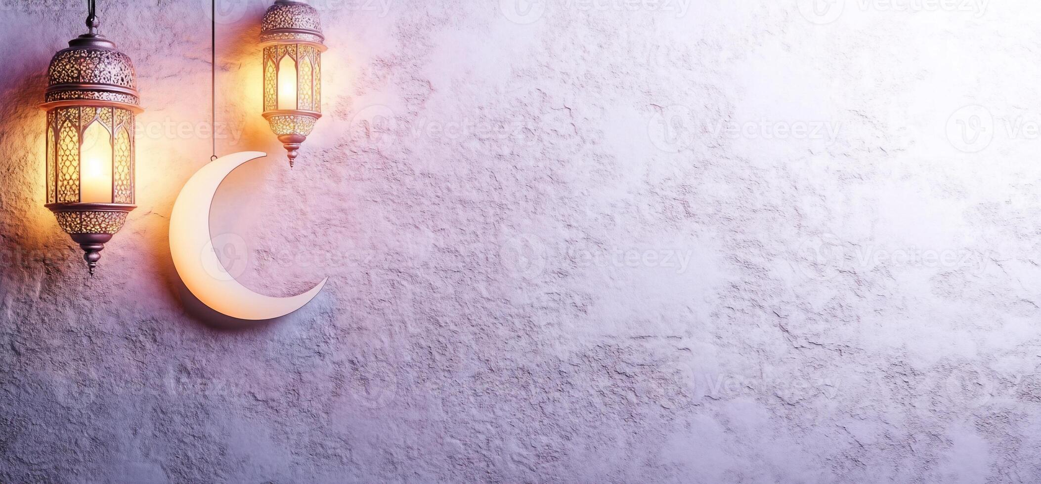 Three lamps with crescent and moon hanging on a wall photo