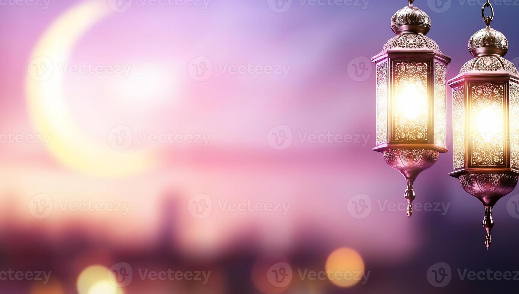 Ramadan lanterns on the background of the moon and city lights photo