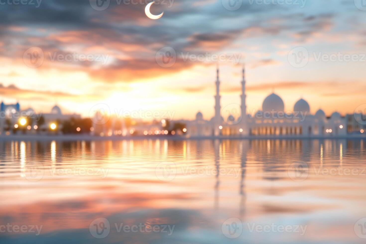 Muslim prayer at sunset with mosque and crescent moon photo
