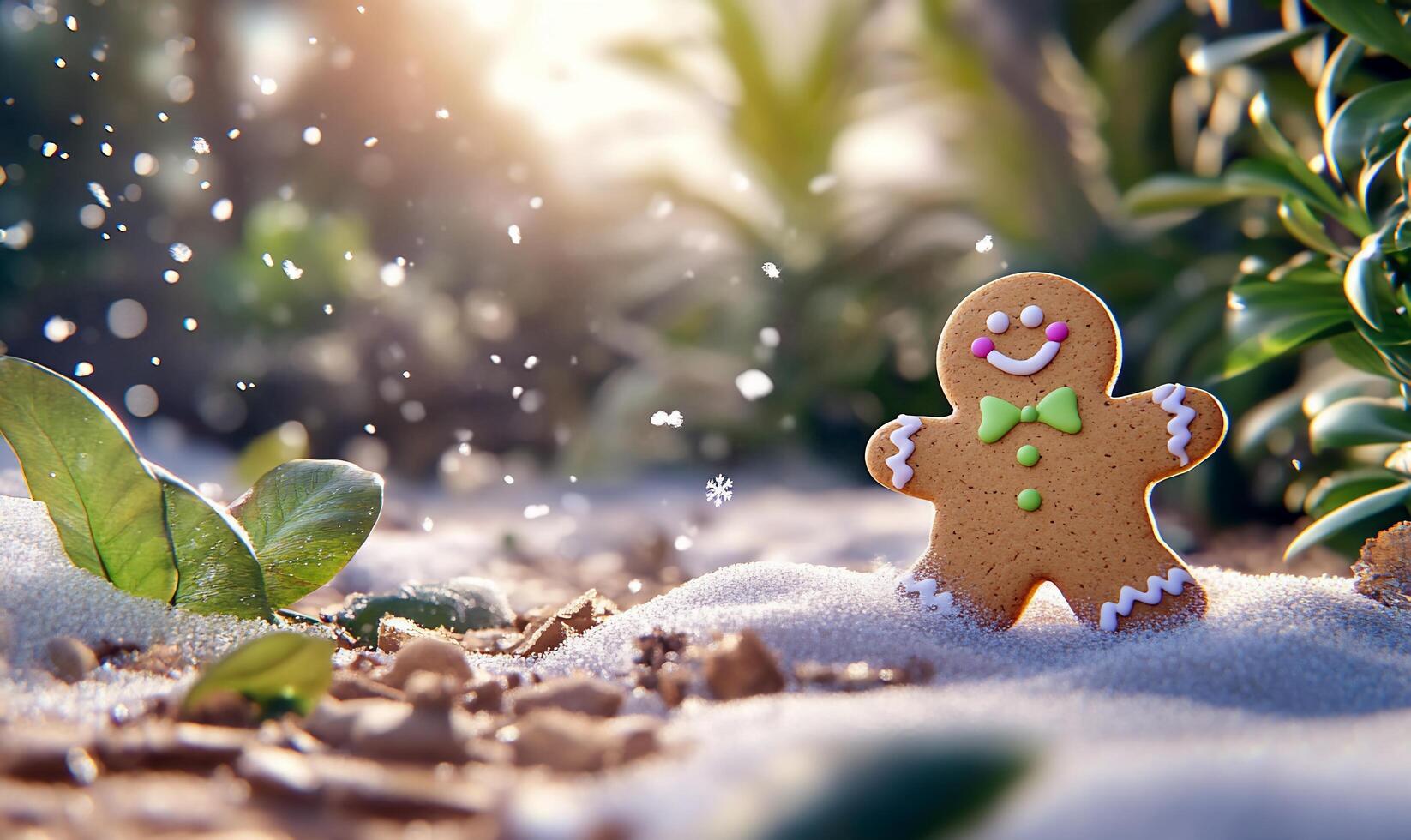 A gingerbread man is standing in the snow photo
