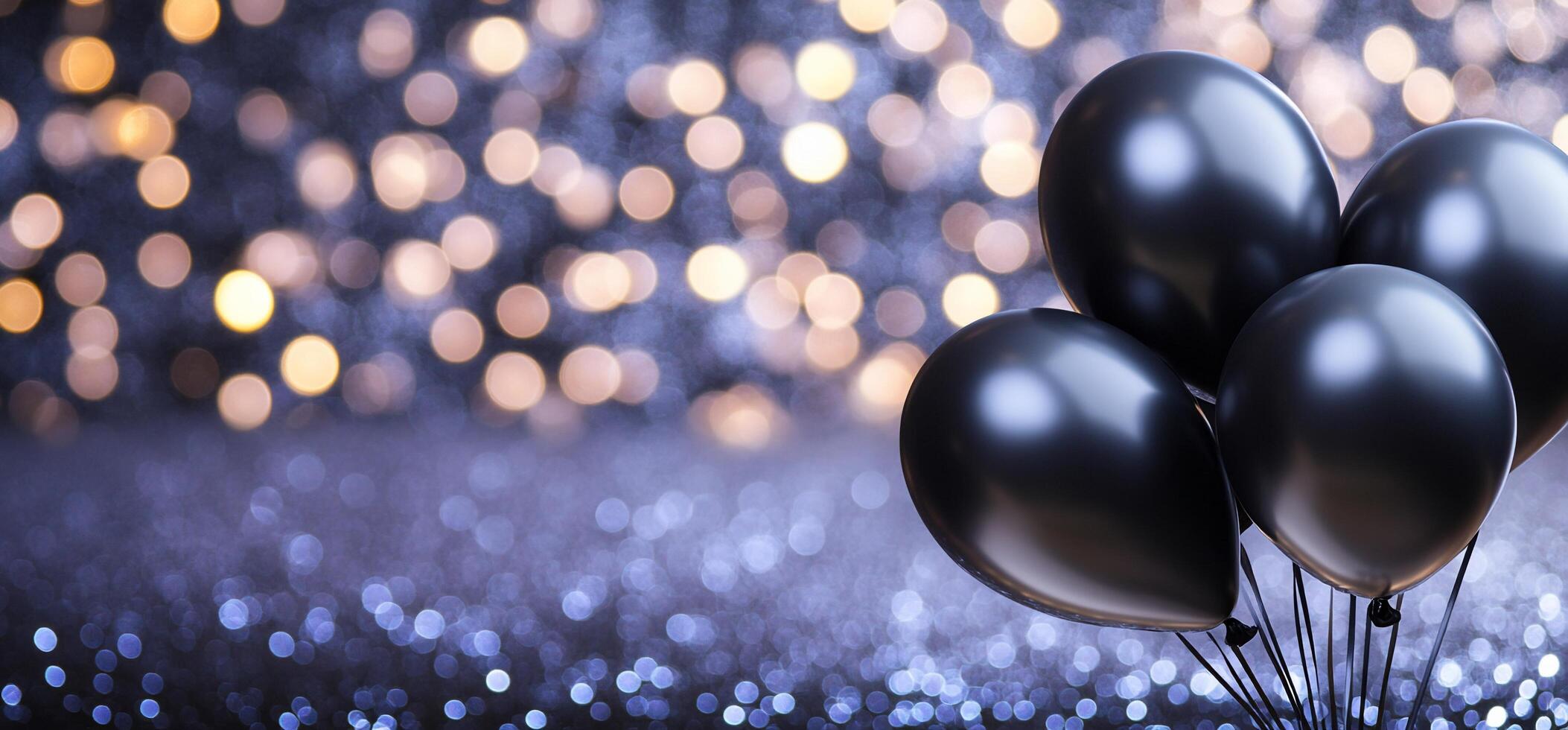 Three black balloons are on a shiny background photo