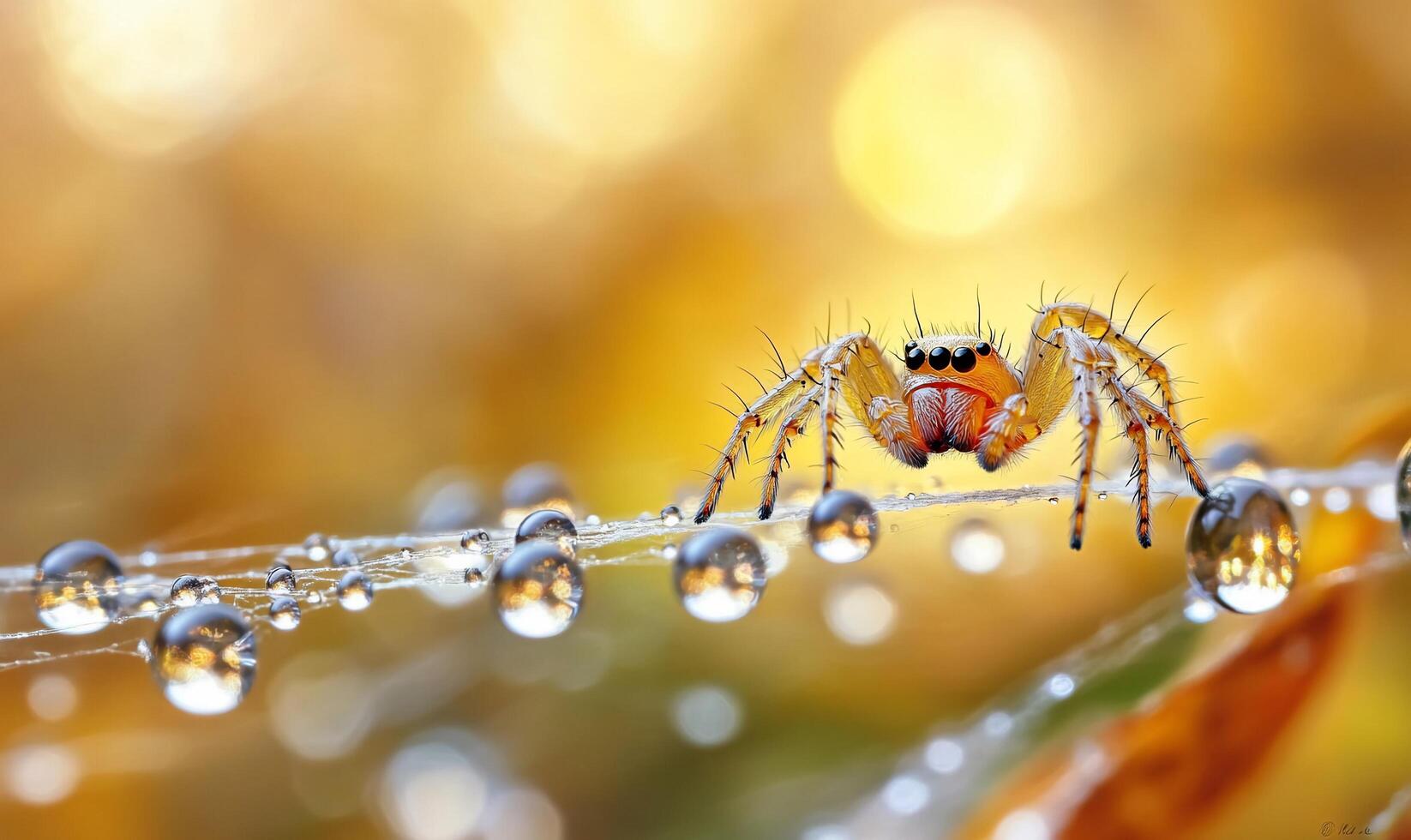 A spider sits on a web with water droplets photo