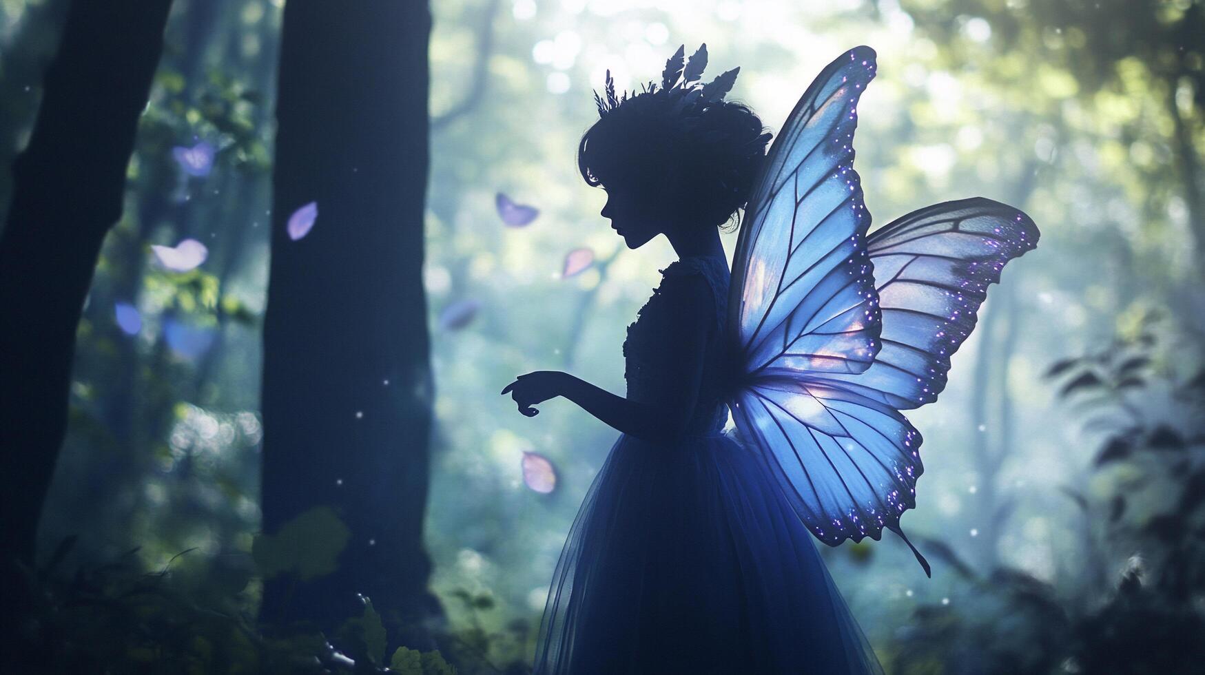 A fairy in a blue dress stands in the woods photo