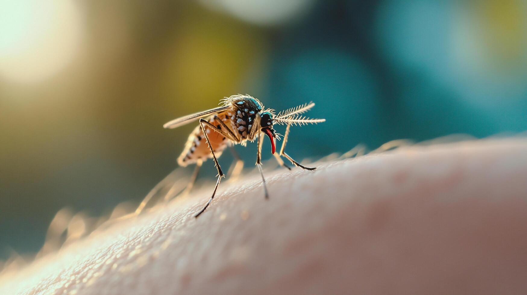Mosquito on human arm with blurry background photo