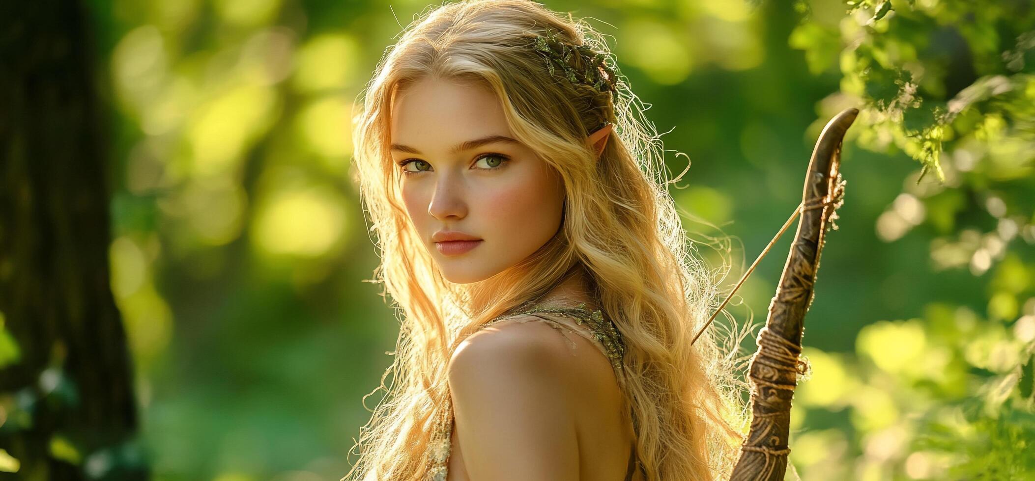 A beautiful blonde woman with long hair in the woods photo