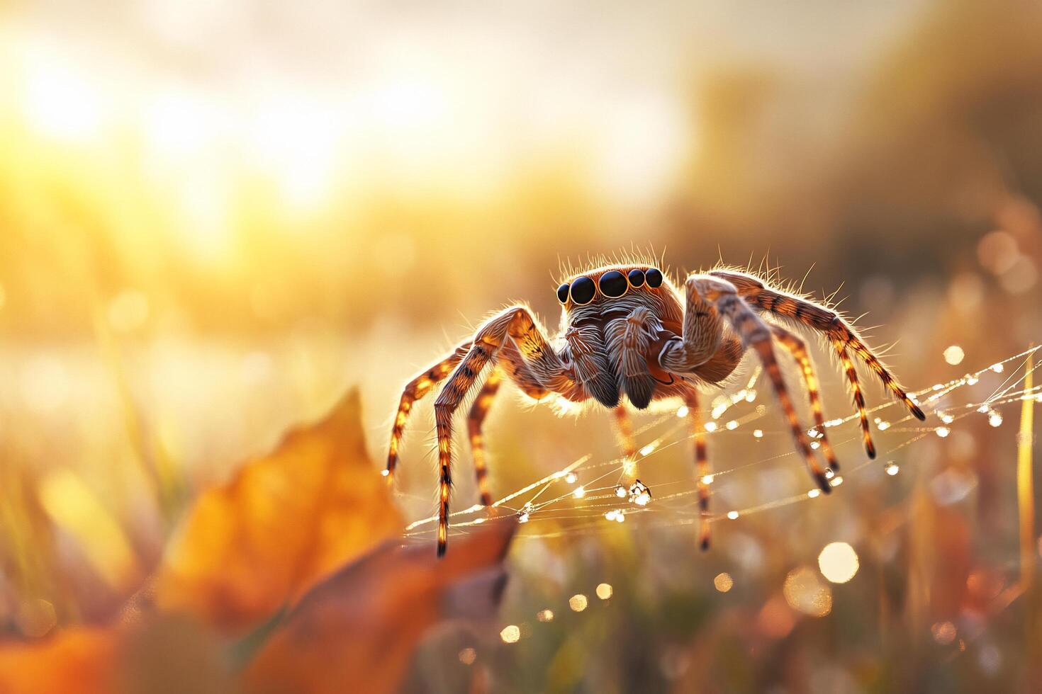 A spider is sitting on a web in the grass photo