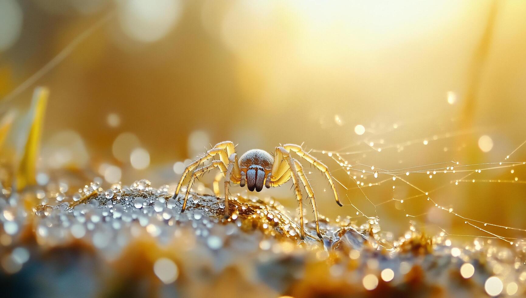 A spider is sitting on the ground with dew drops photo