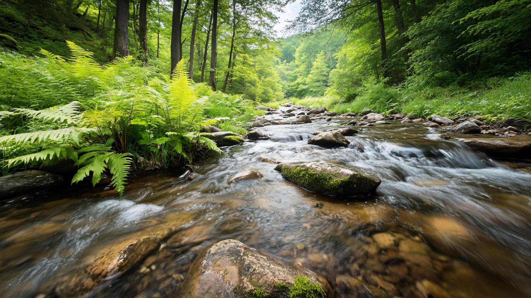A stream running through a forest with rocks and ferns photo