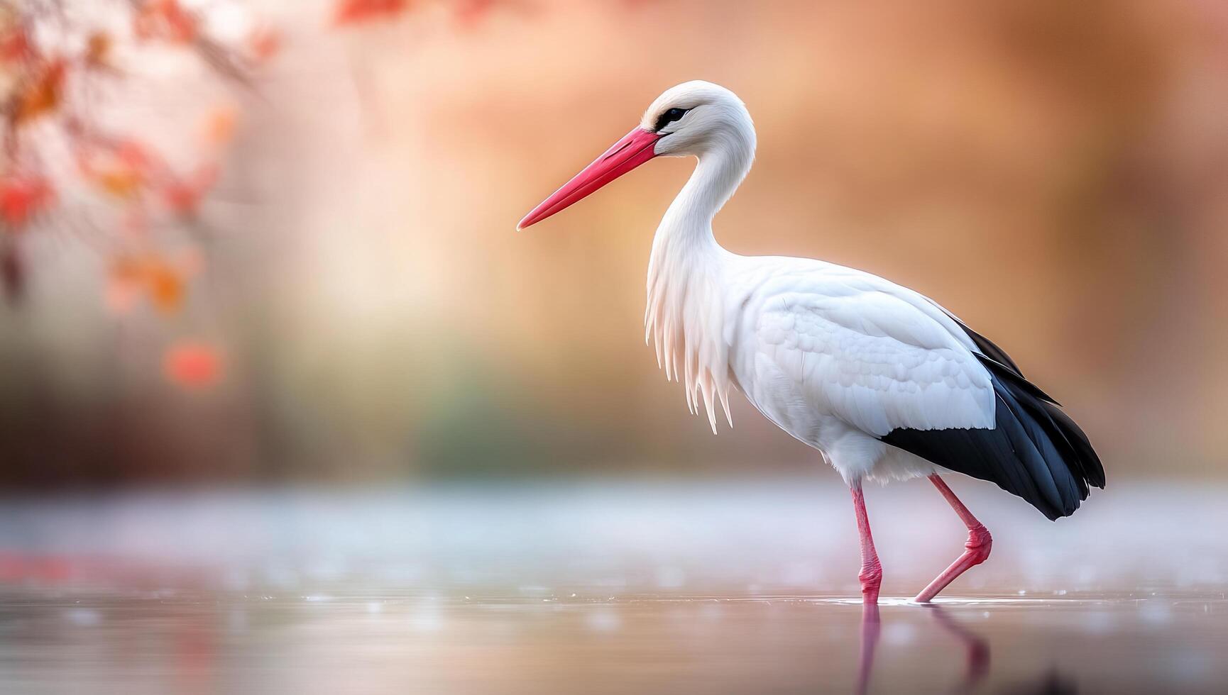 A white stork standing in the water with red leaves photo