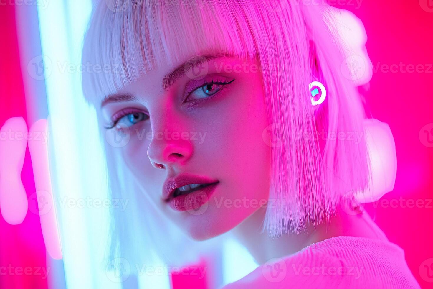 A woman with white hair and pink earphones photo
