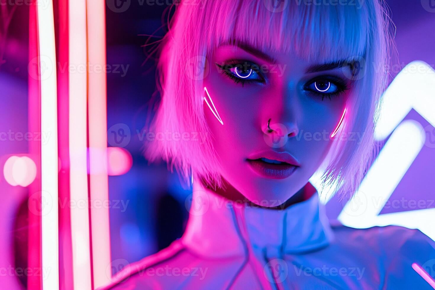 A woman with neon lights on her face photo