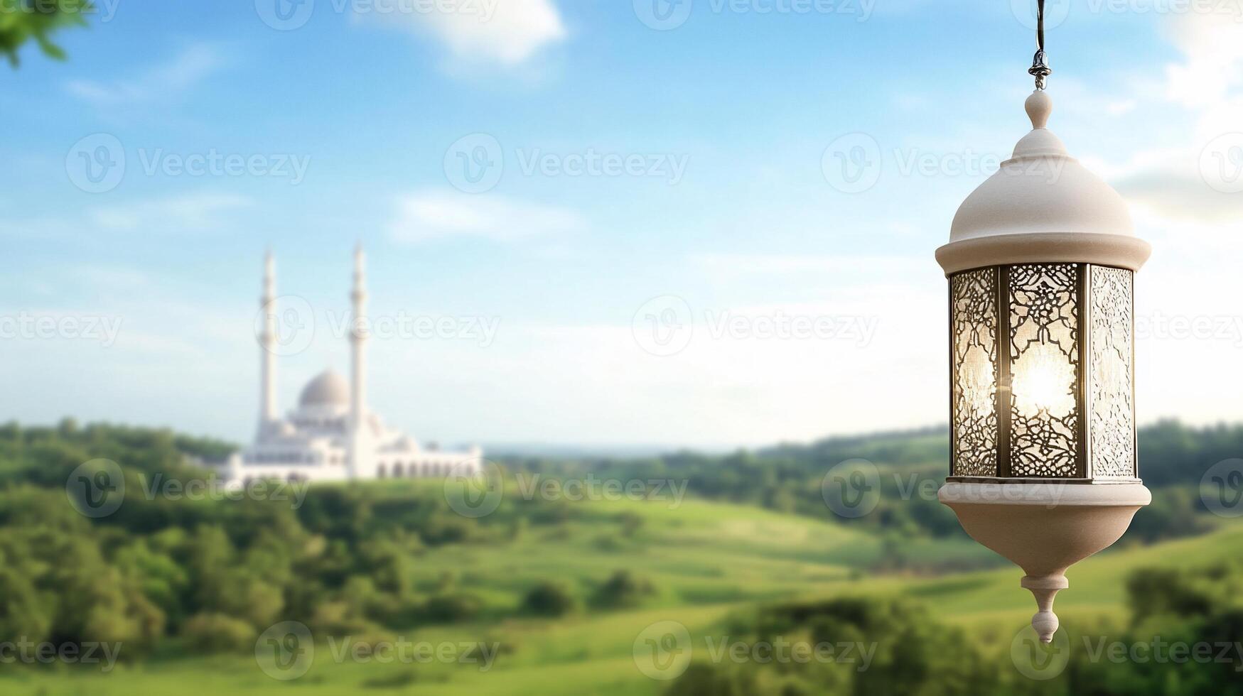 Islamic lamp on a green field with mosque in the background photo