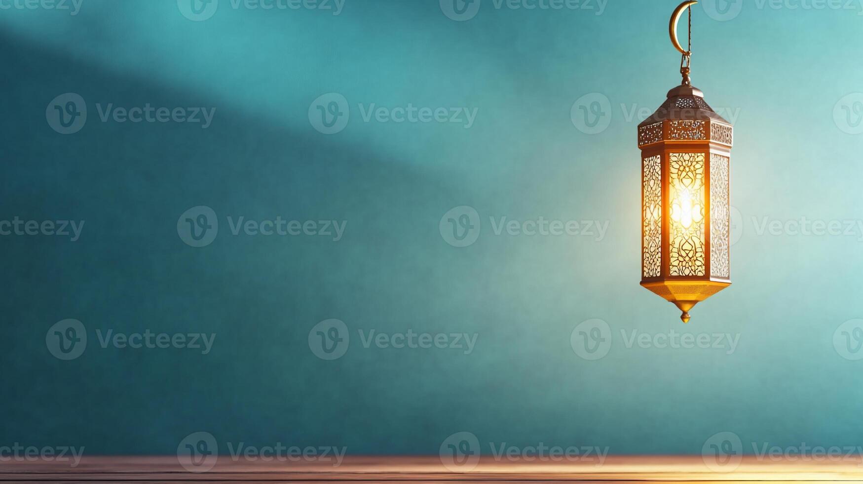 A lamp hanging from a wooden table with a blue wall photo