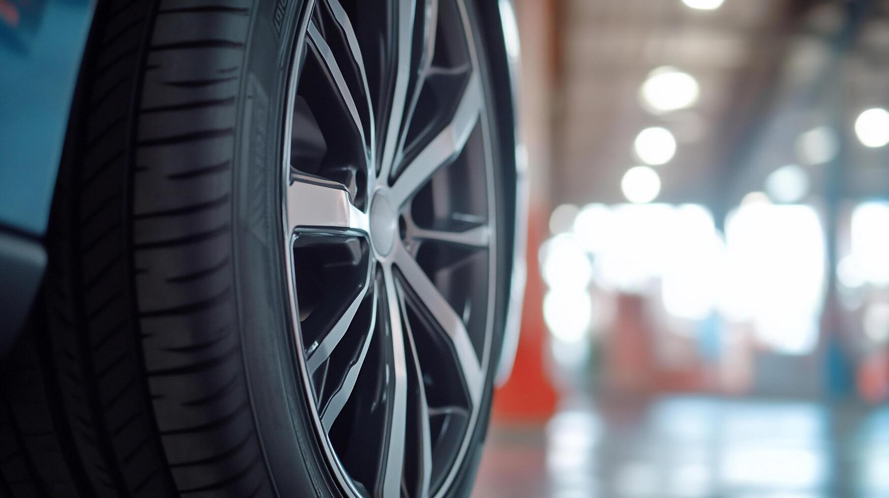 A close up of a car tire in a garage photo