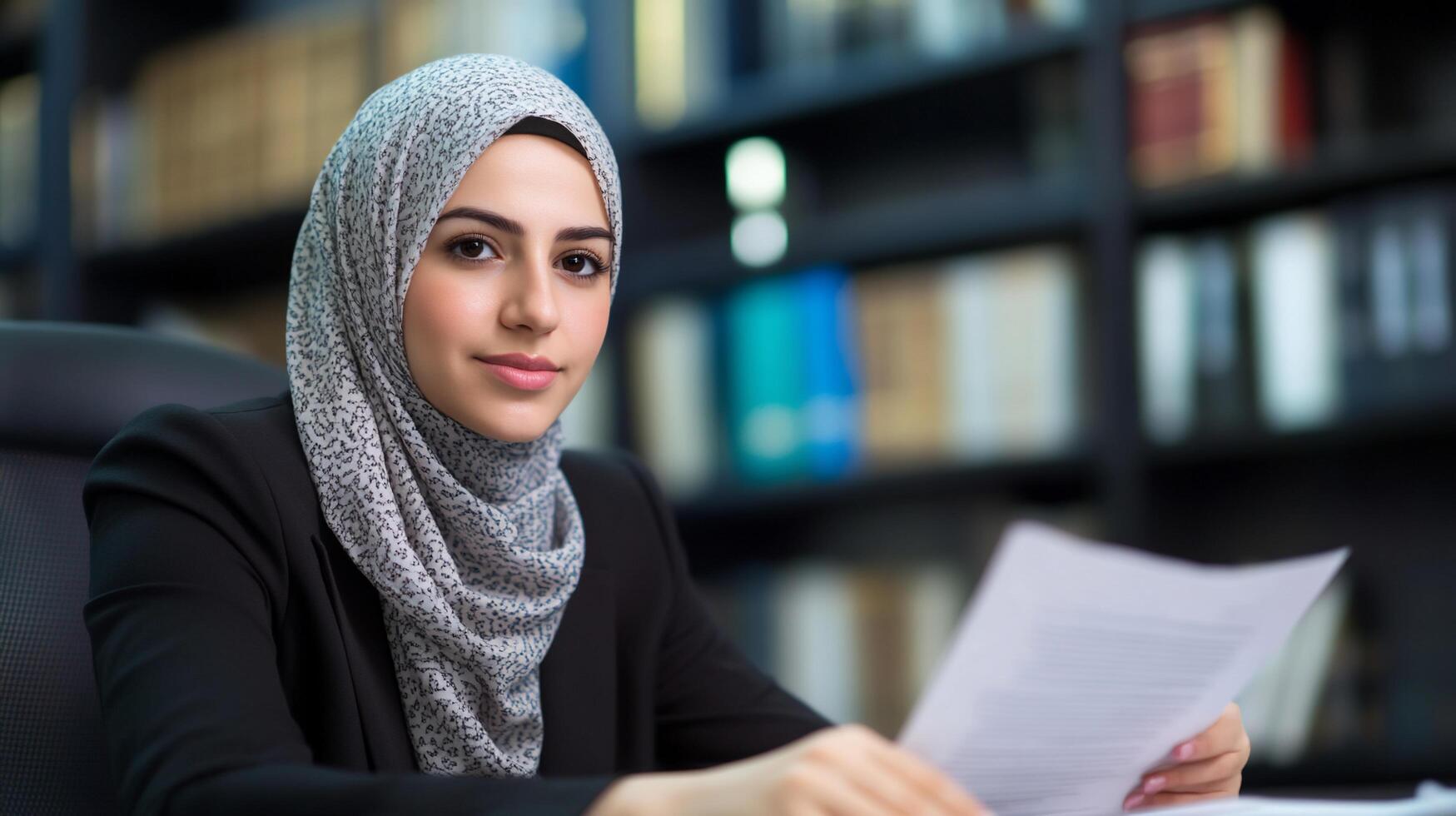 A woman in hijab sitting at a desk with papers photo