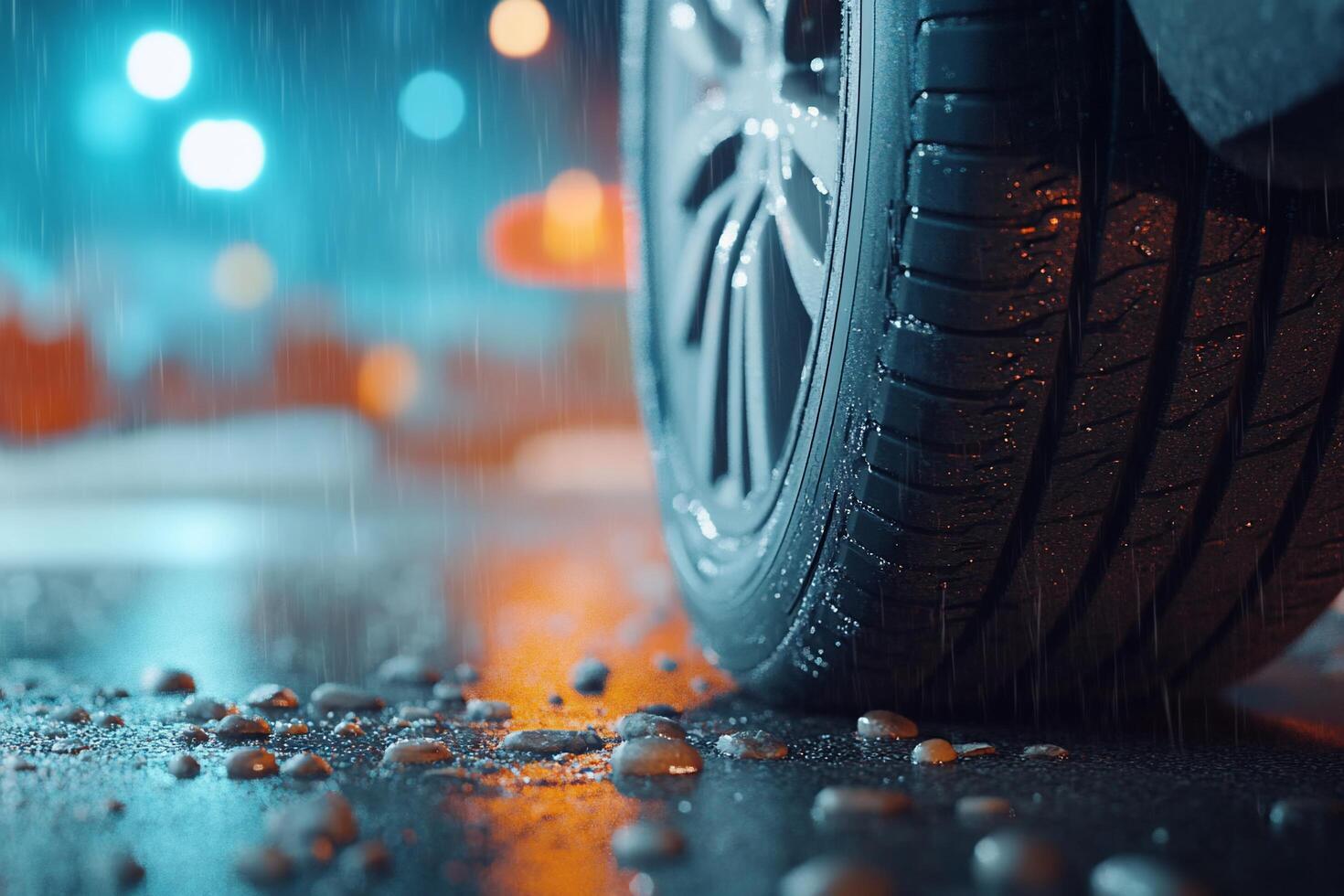 A car tire is seen in the rain at night photo