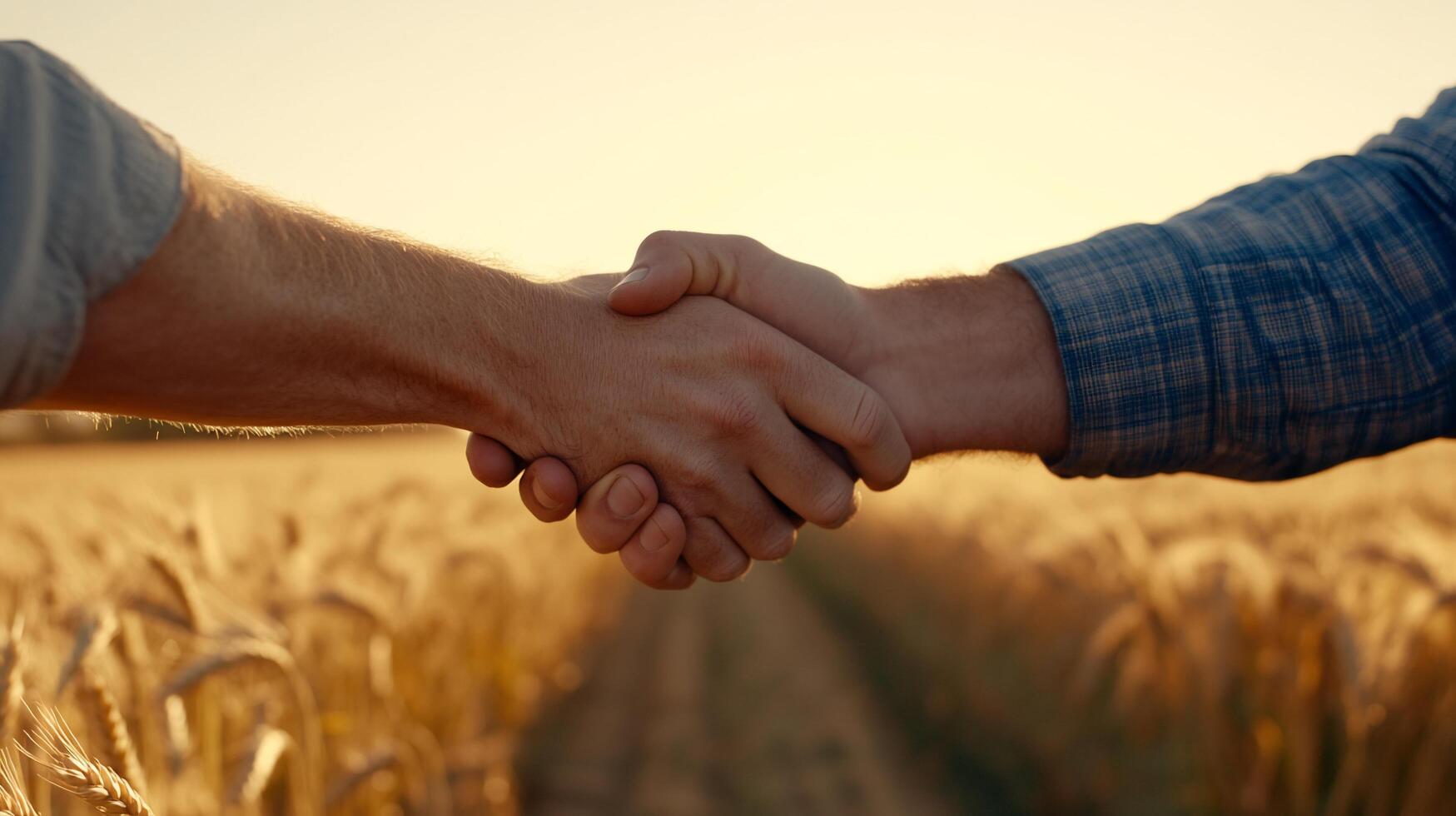 Two men shaking hands in a wheat field photo