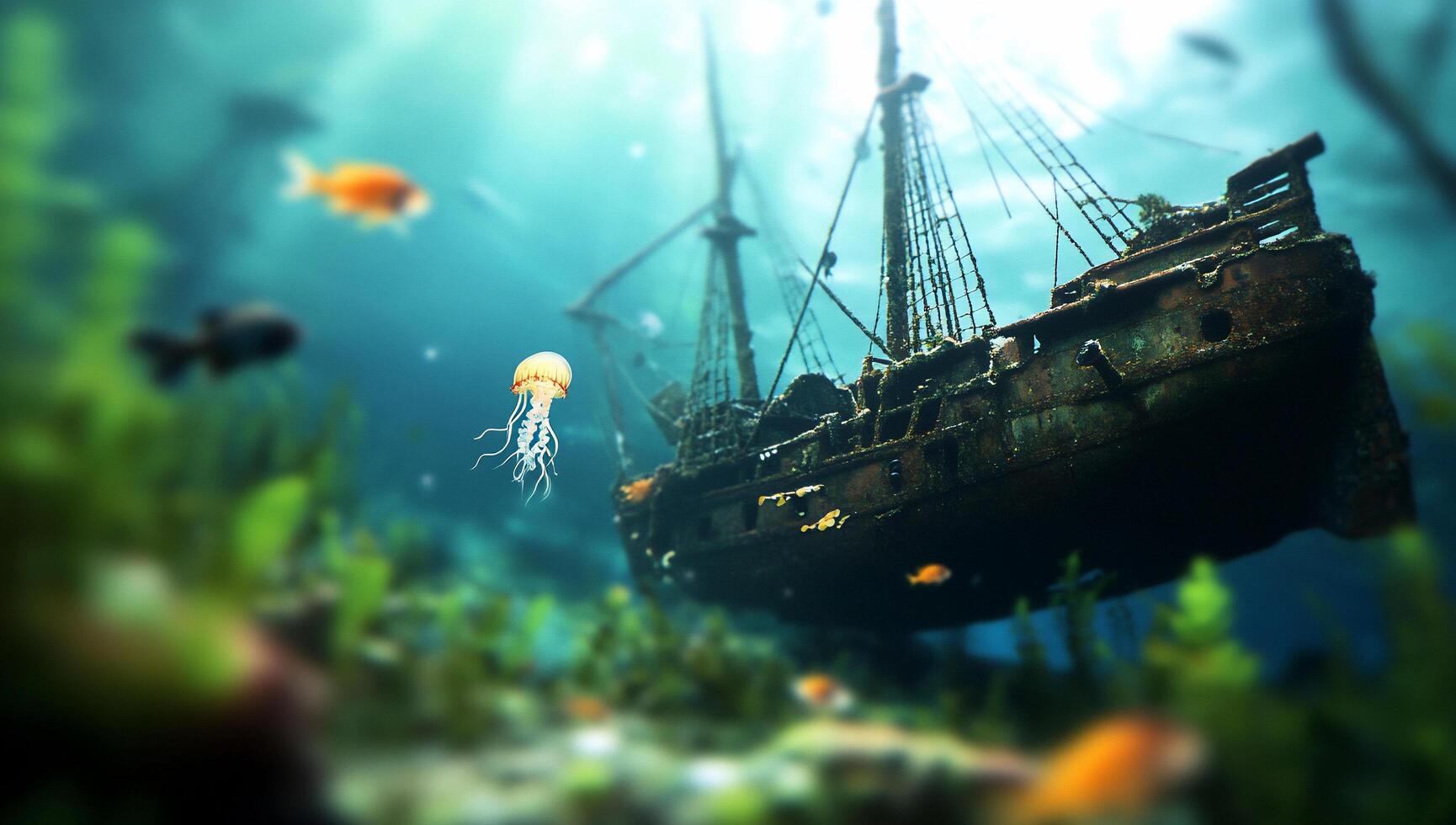 An underwater scene with a ship and fish photo