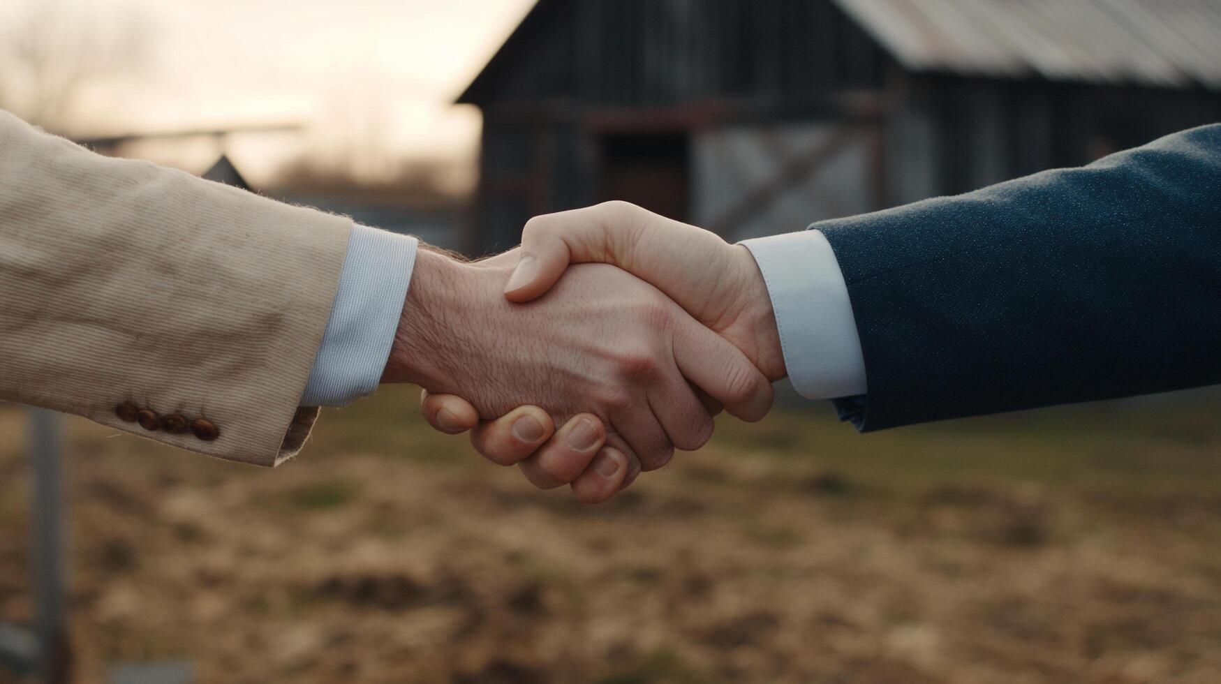 Two people shaking hands in front of a barn photo