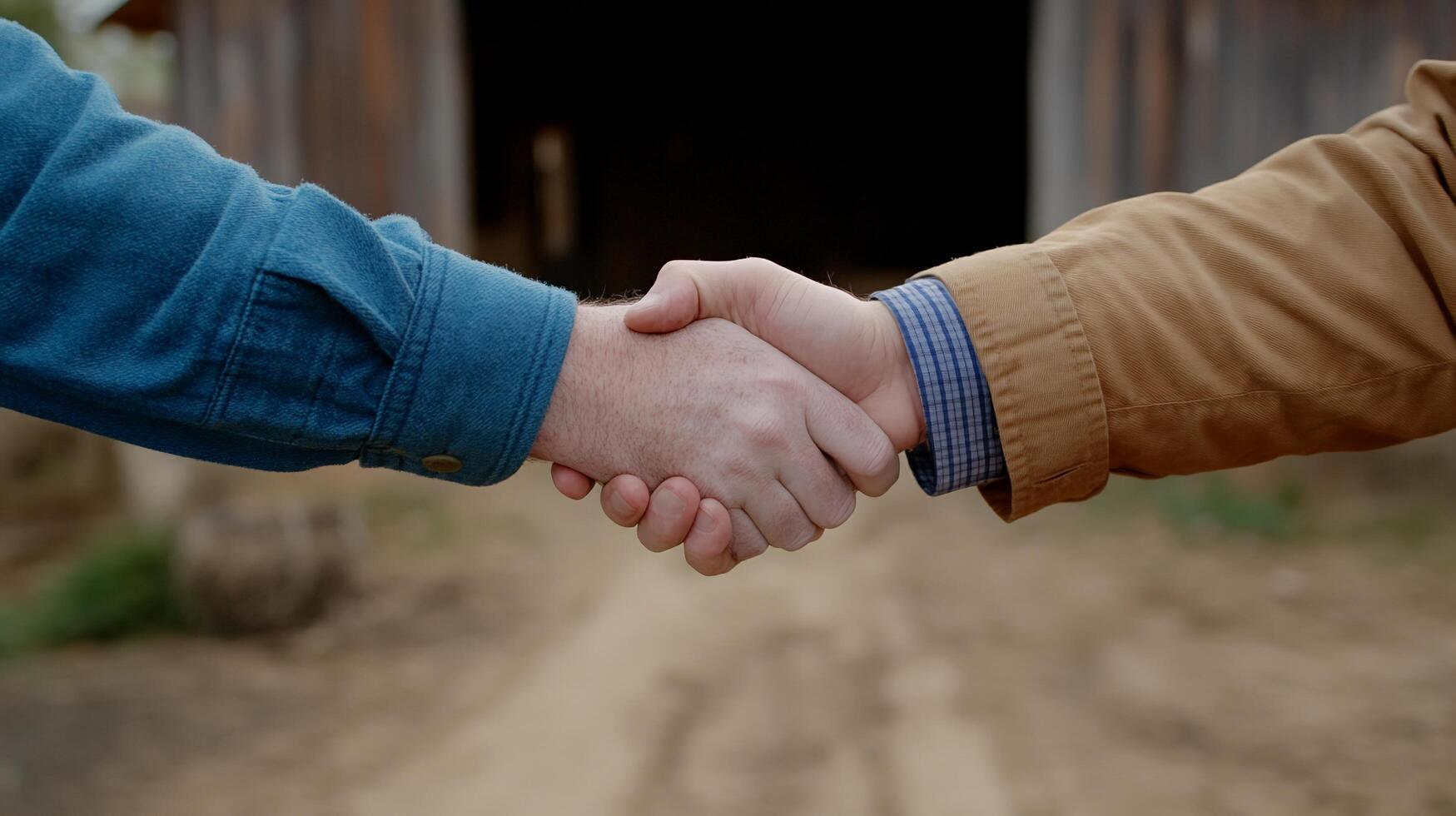 Two men shaking hands in front of a barn photo