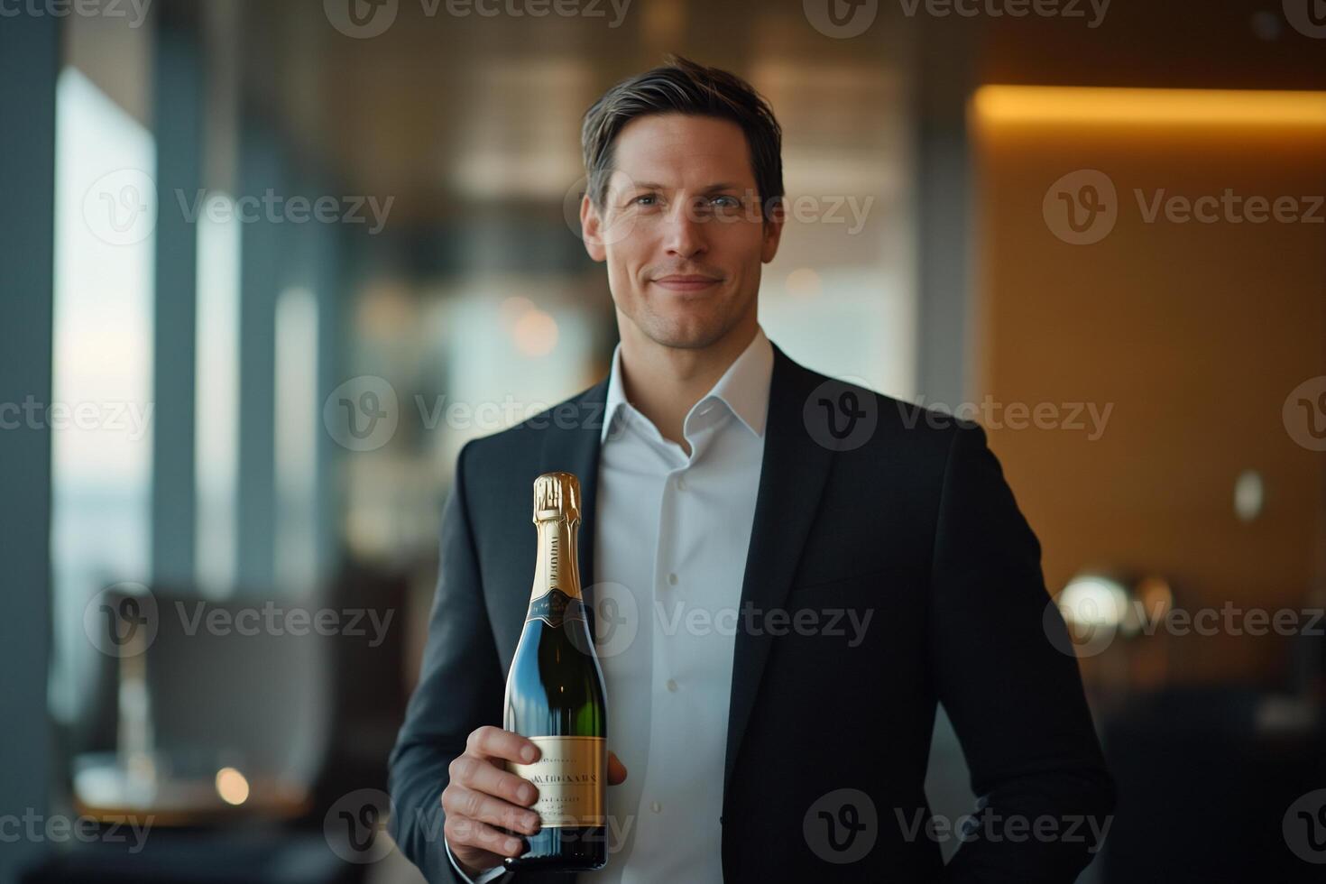 A man in a suit holding a bottle of champagne photo