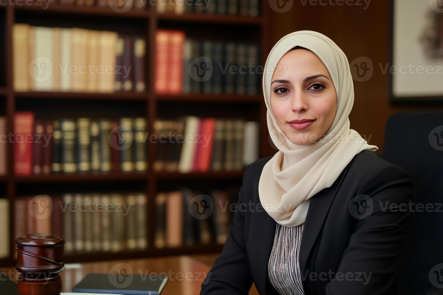 A woman in a hijab sitting at a desk in front of books photo
