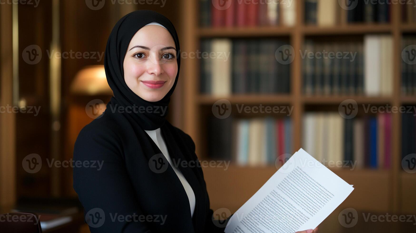 A woman in hijab holding a piece of paper photo